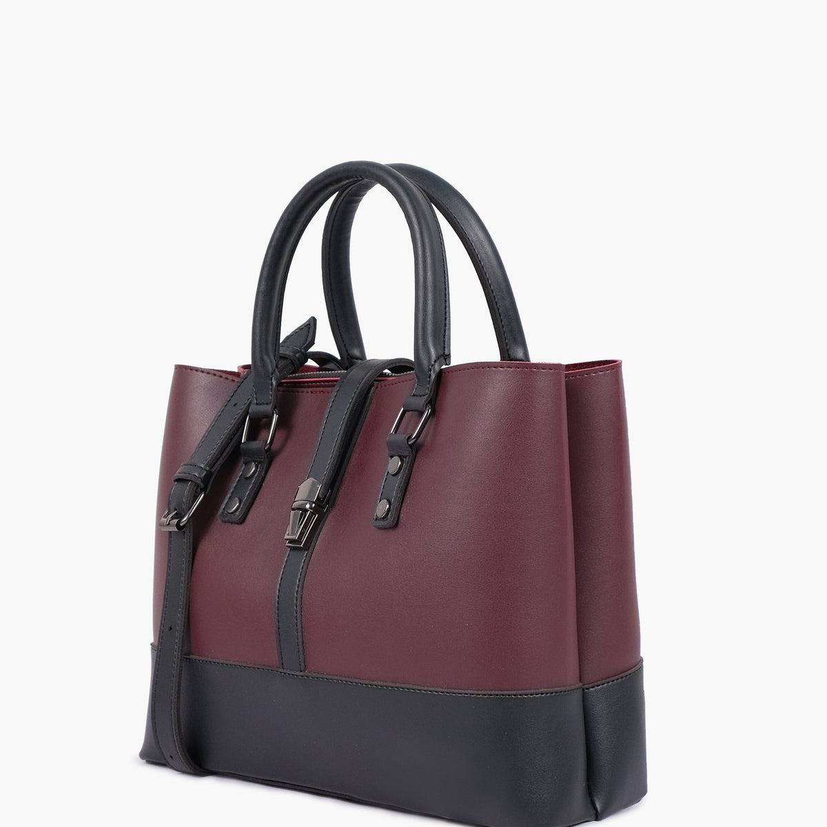 Burgundy and black multi-compartment shoulder bag