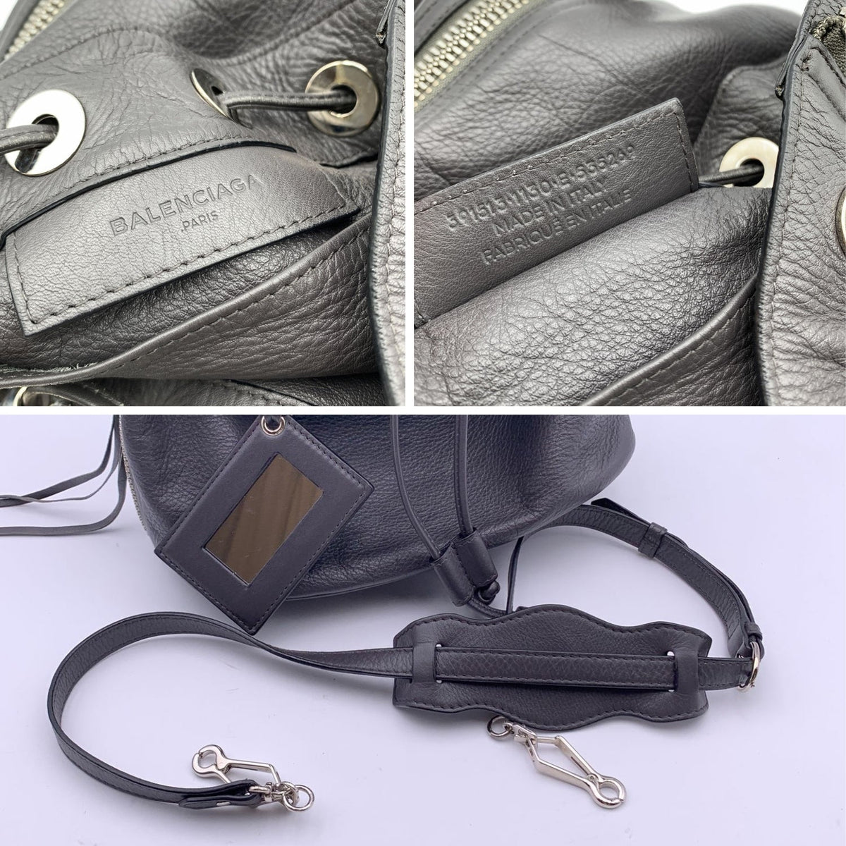 balenciaga Grey Leather Papier Plate Bucket Drawstring Bag