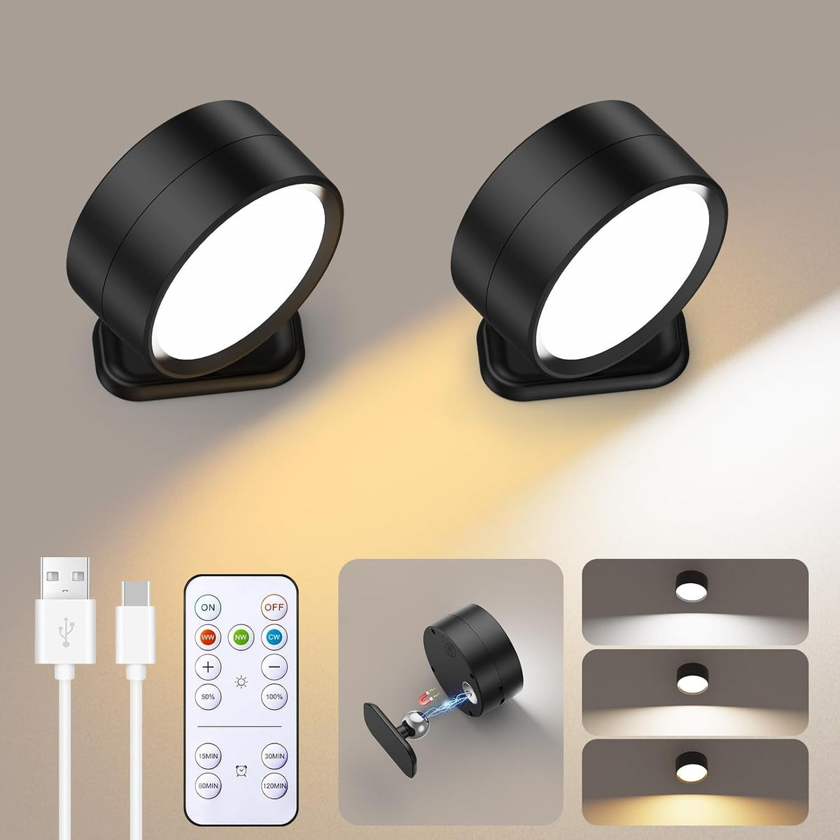 LED Magnetic Wall Sconce Lights, 2 Pack USB Rechargeable Wall Mounted Lights Wit