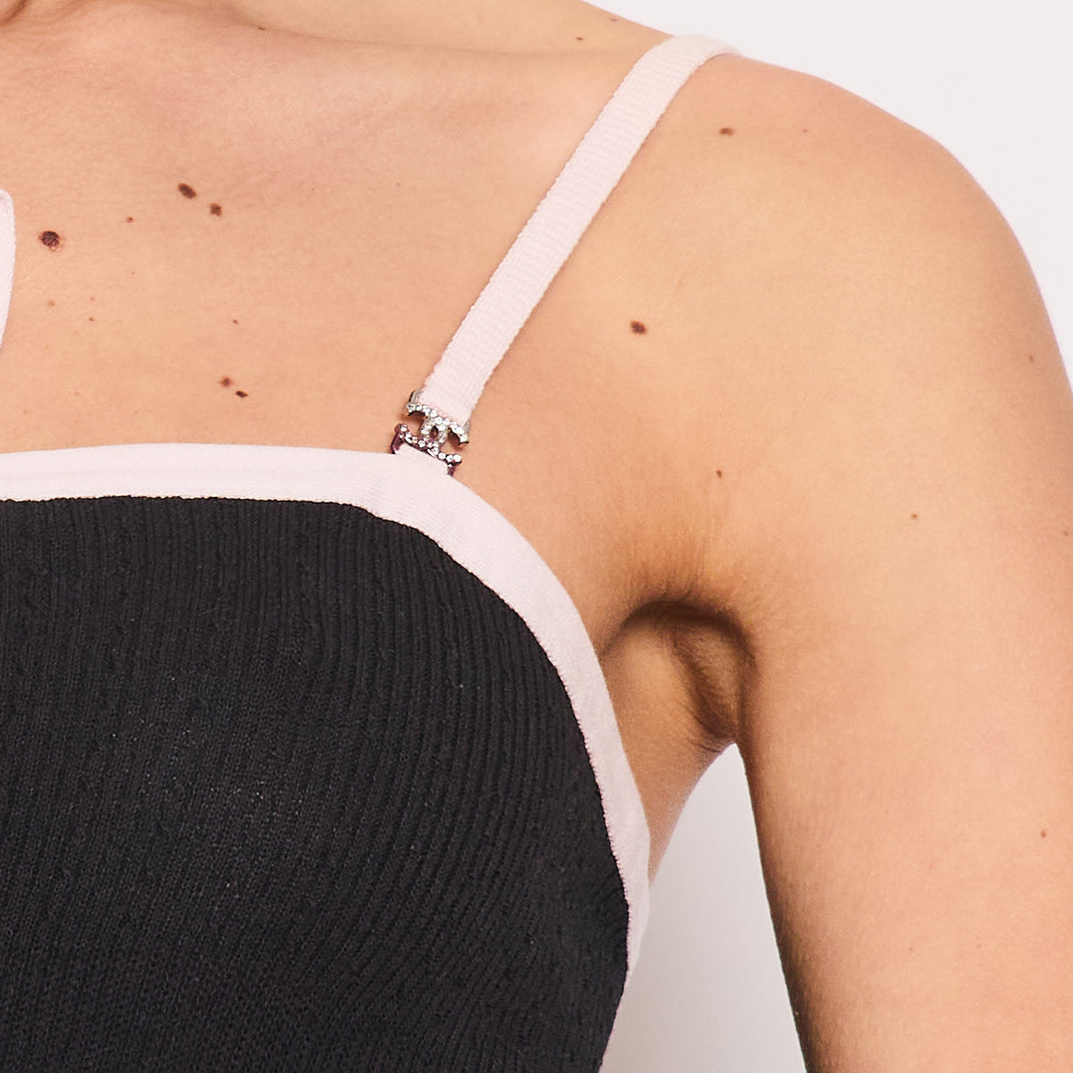 Chanel Black Tank Top with Pink Crystal CC Logo Straps and Bow Detail