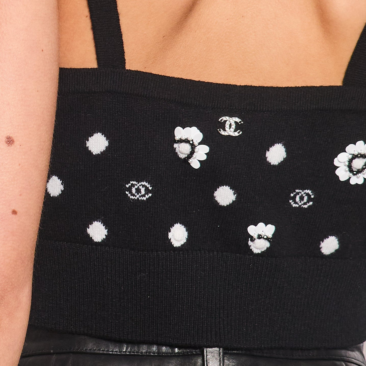 Chanel Black Floral Embellished CC Cropped Tank Top Size FR 38 (UK 10)
