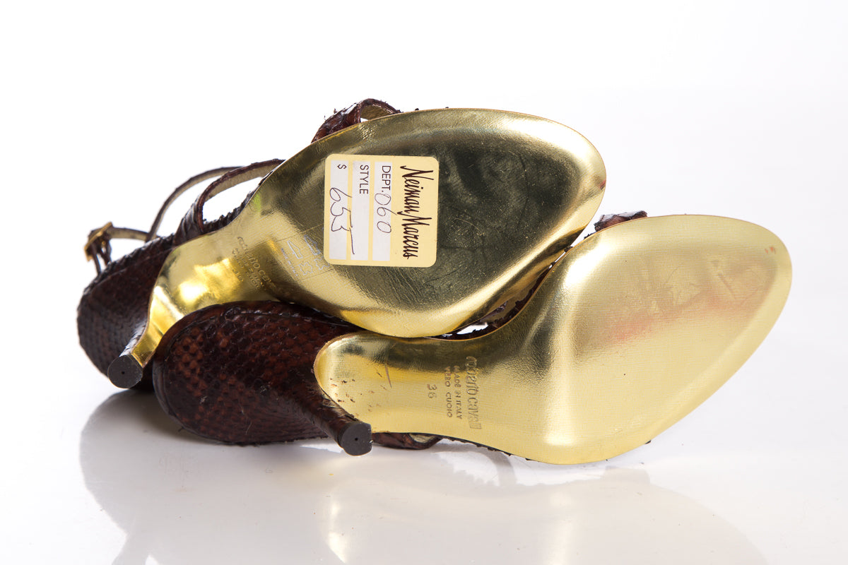 Roberto Cavalli Brown Python Sandals SZ 36