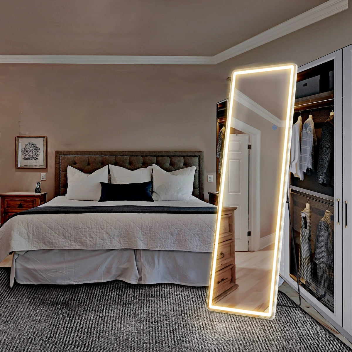 Full Length Mirror with LED Lights, 64"X21" Lighted Floor Standing Mirror with Stand