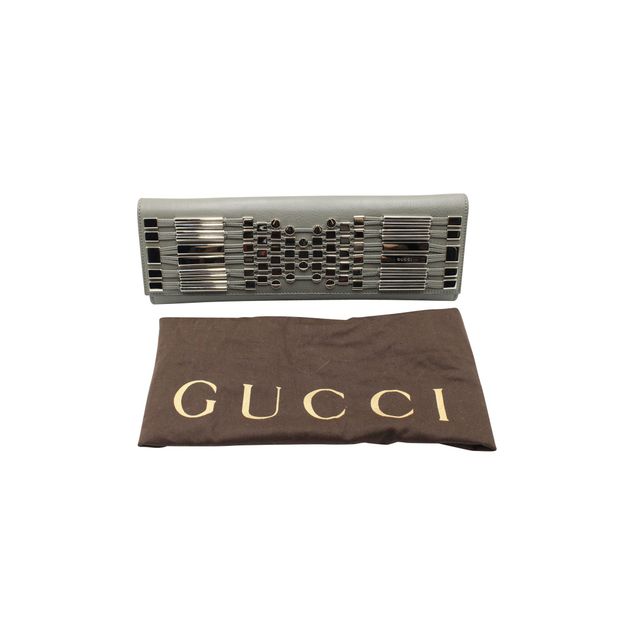 GUCCI Metal Embellished Broadway Clutch in Grey Leather