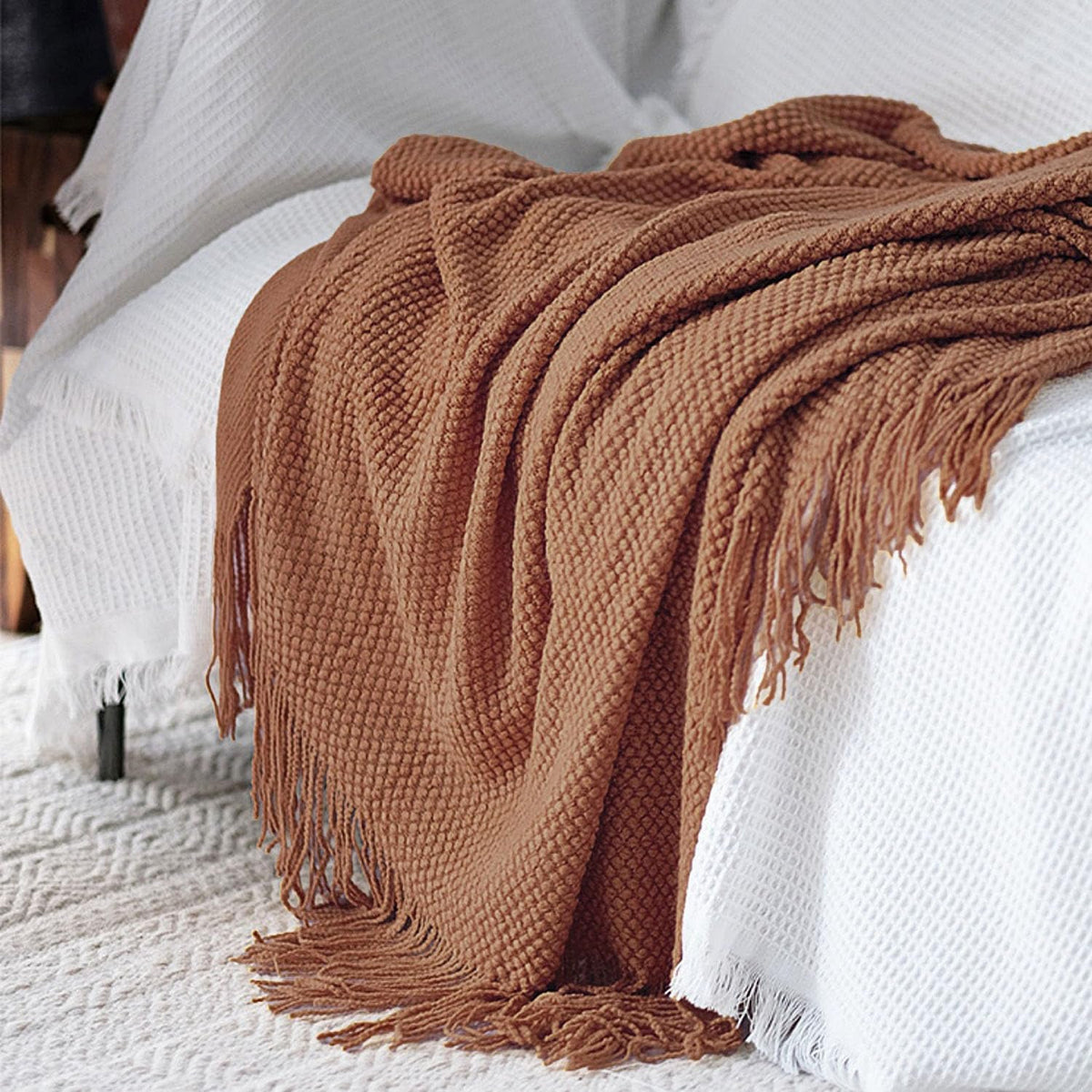 Knitted Throw Blanket with Tassels Bubble Textured Lightweight Throws for Couch Cover Home Decor (Caramel, 60X80)