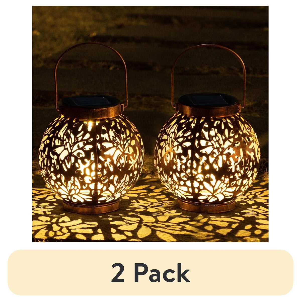 (2 Pack)  2 Pack Bronze Solar Outdoor Hanging Lanterns, Moroccan Lanterns, Metal Decorative Garden Lights