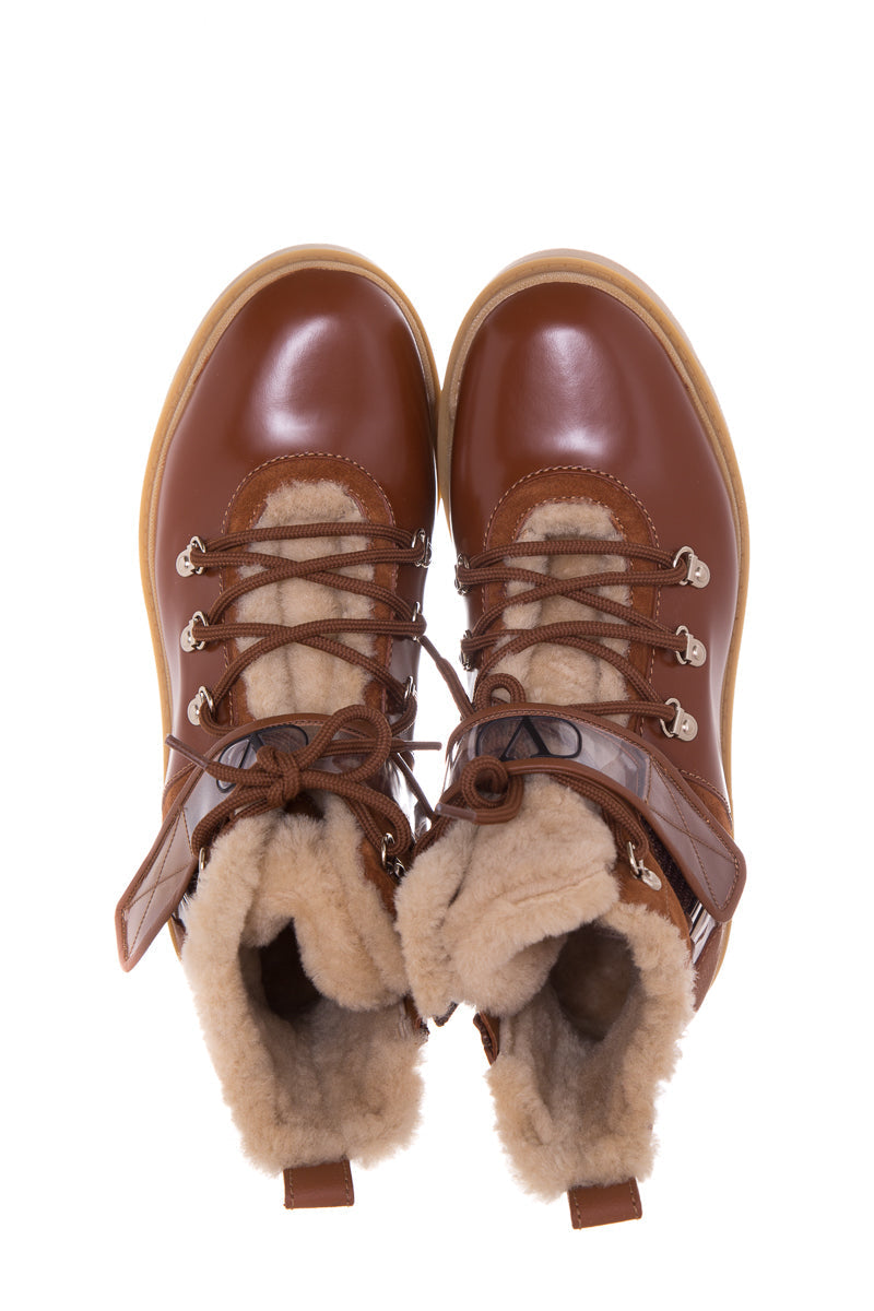 Valentino Chestnut Shearling Detail Logo Strap Boots SZ 38