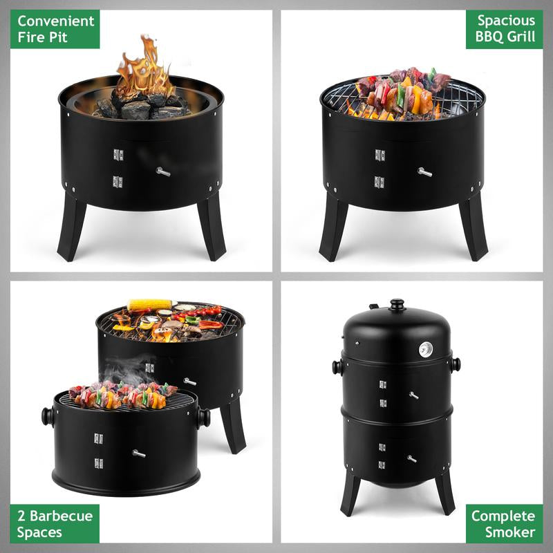 Smoker Carbon Grill, Portable Charcoal BBQ Barrel Grill with Thermometer, Iron Spray Adjustable Vent, for Camping, Backyard, Beach Parties