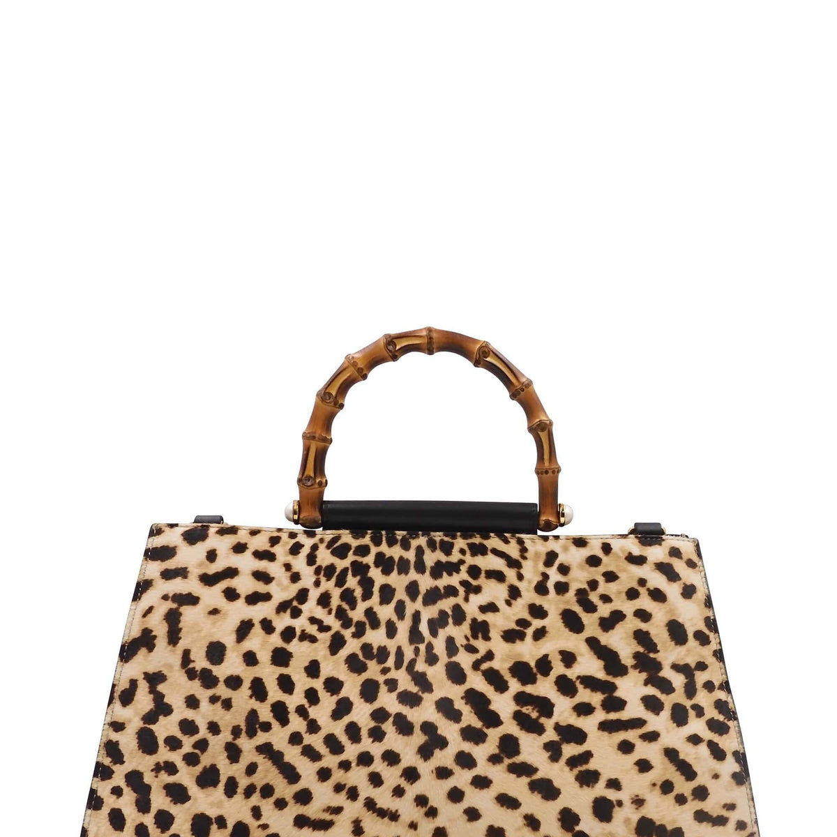 Calf Hair Leopard Nymphae Bamboo Top Handle Bag Black Beige