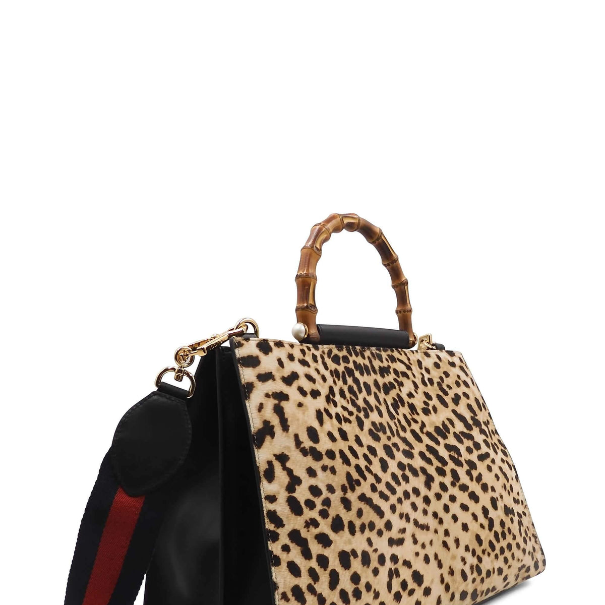Calf Hair Leopard Nymphae Bamboo Top Handle Bag Black Beige