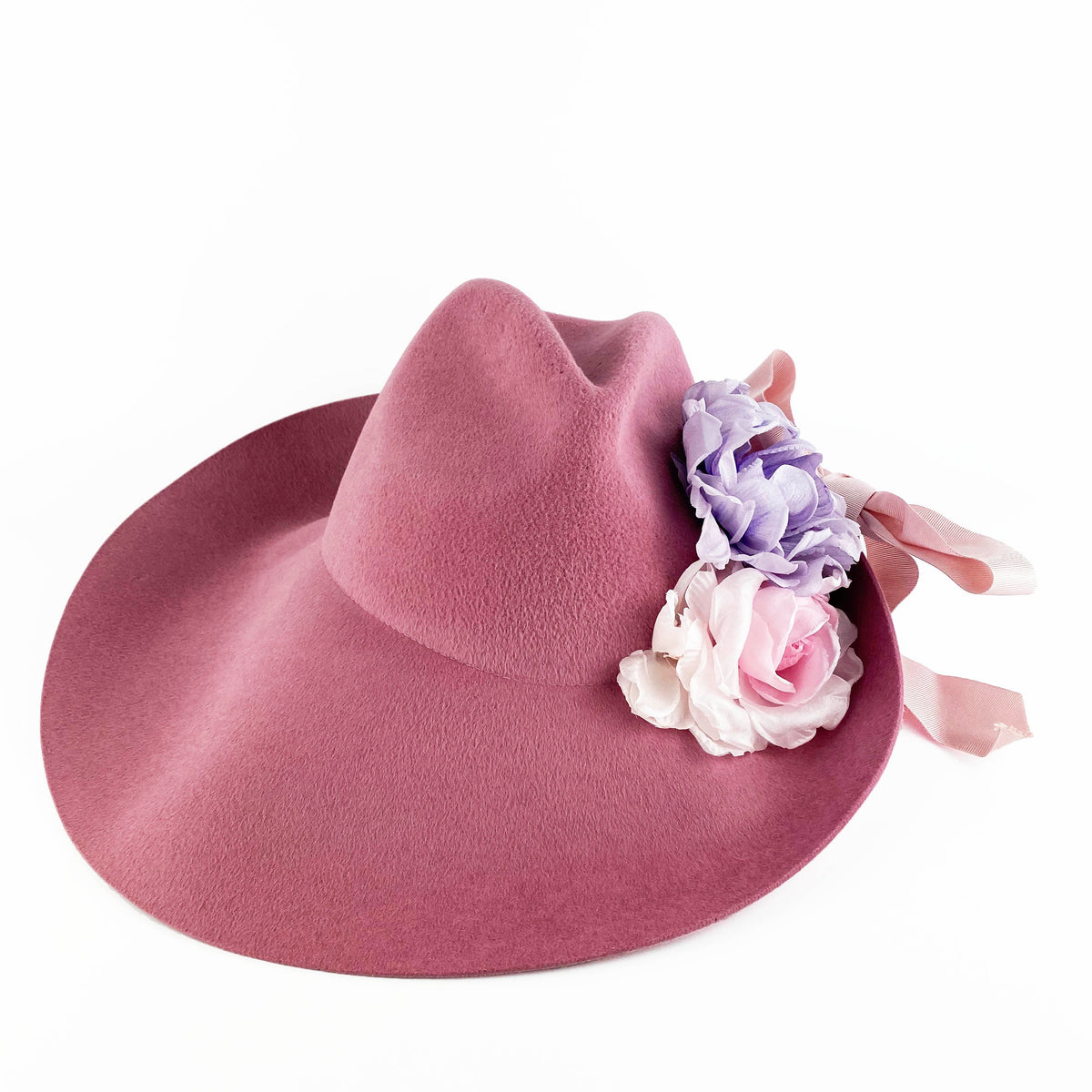Gucci Pink Wide Brim Felt Hat with Flowers 56