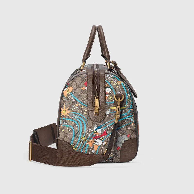 Gucci Disney x Donald Duck Duffly Boston Bag Beige Ebony Italy travel Leather NW