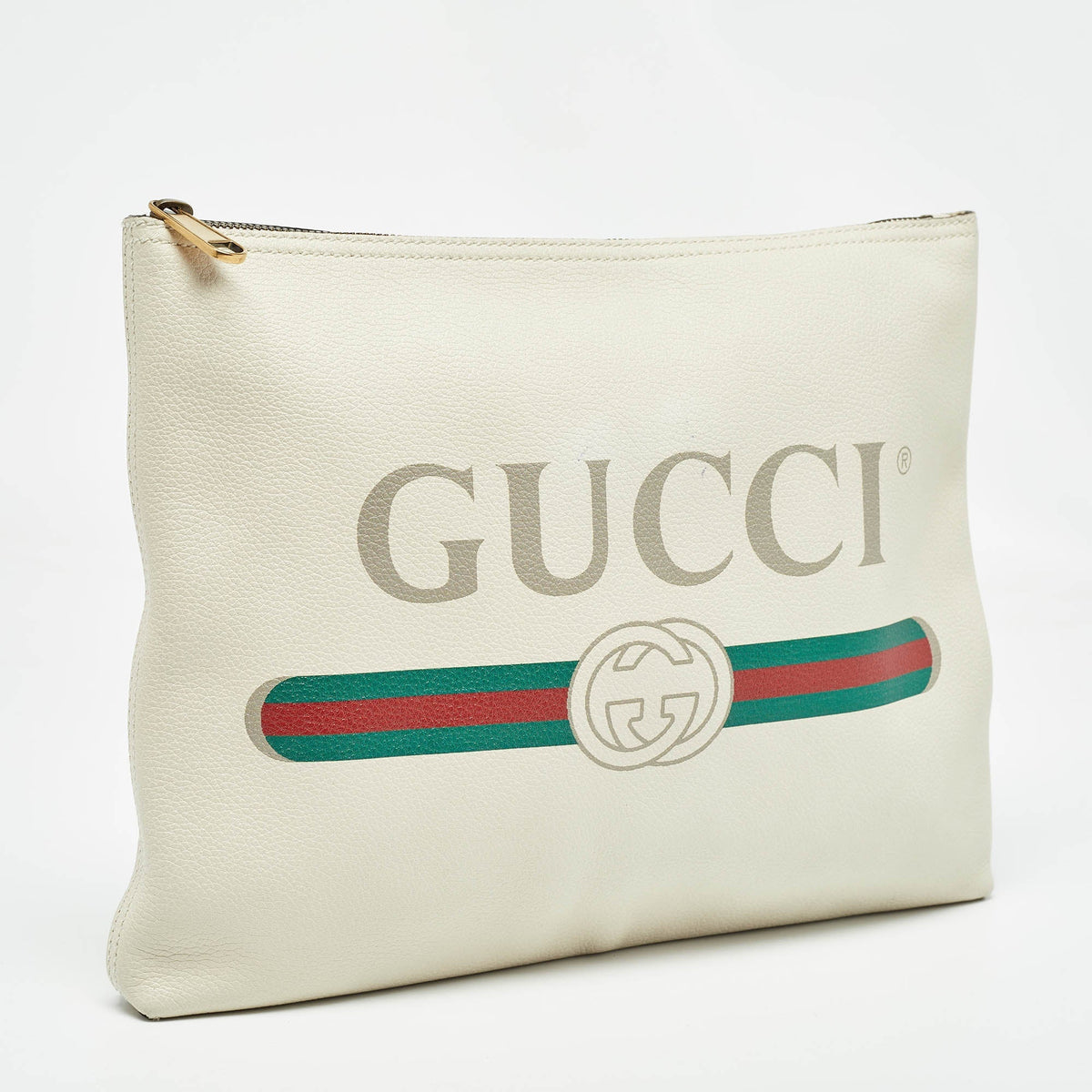 GUCCI Off White Leather Logo Print Zip Pouch