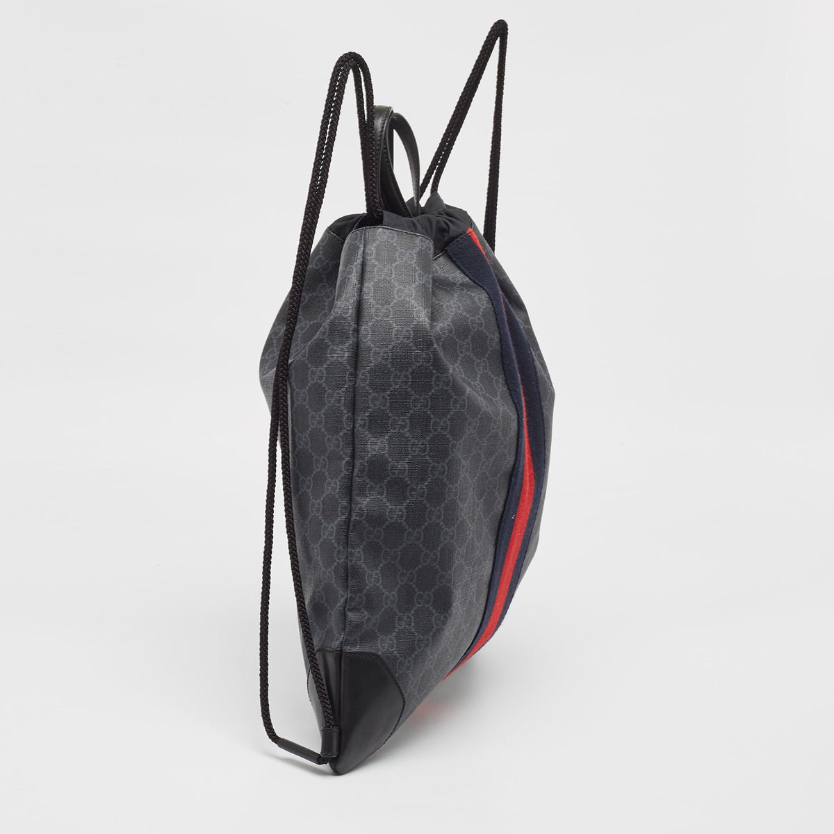 GUCCI Black GG Supreme Canvas and Leather Drawstring Backpack