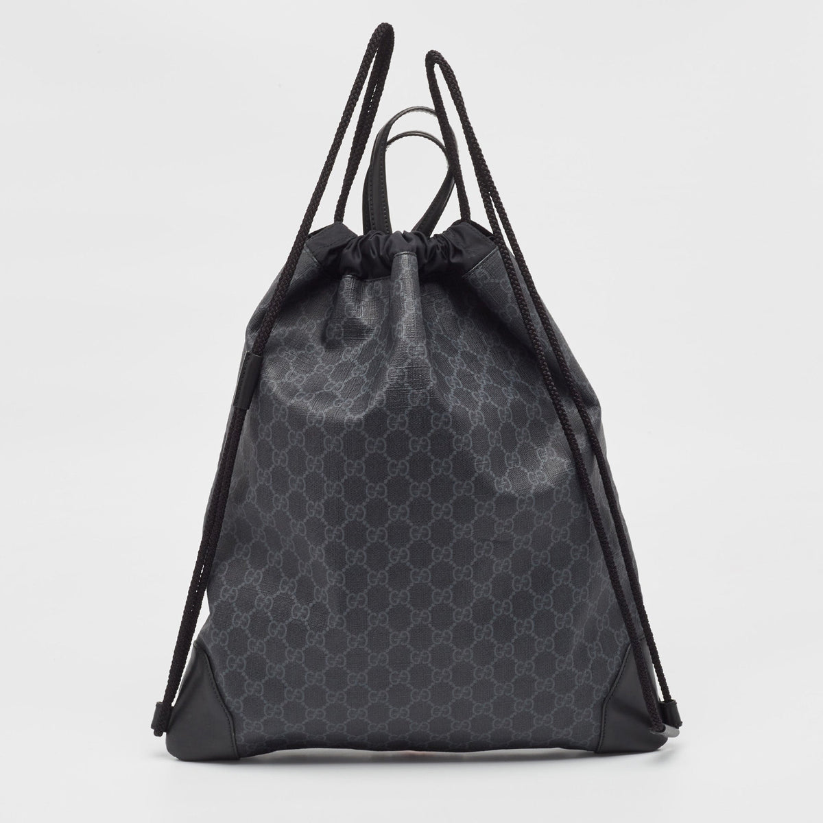 GUCCI Black GG Supreme Canvas and Leather Drawstring Backpack