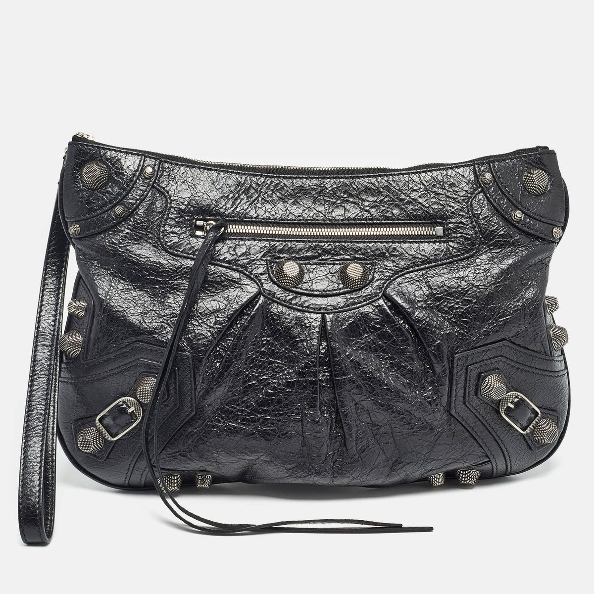 balenciaga Black Leather SGH Flat Wristlet Clutch