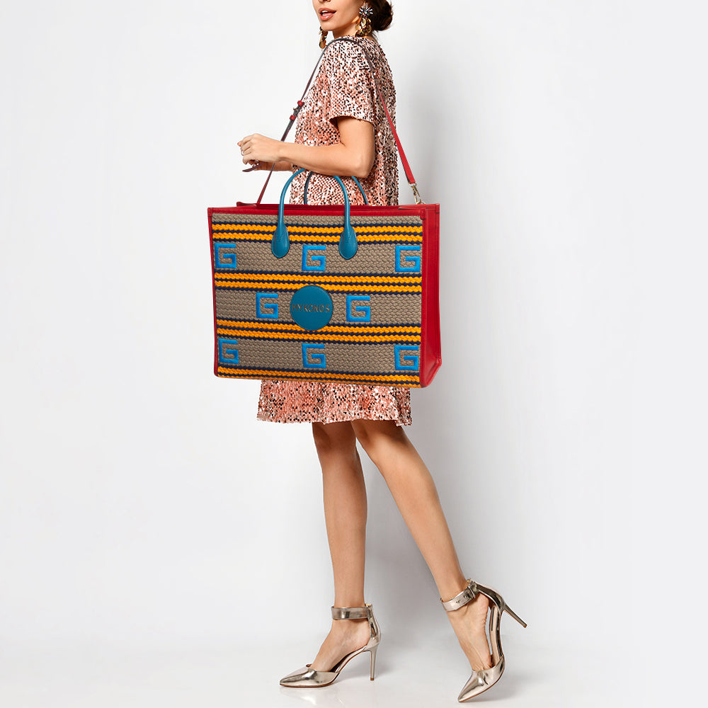 GUCCI Multicolor Woven Fabric and Leather Square G Mykonos Tote