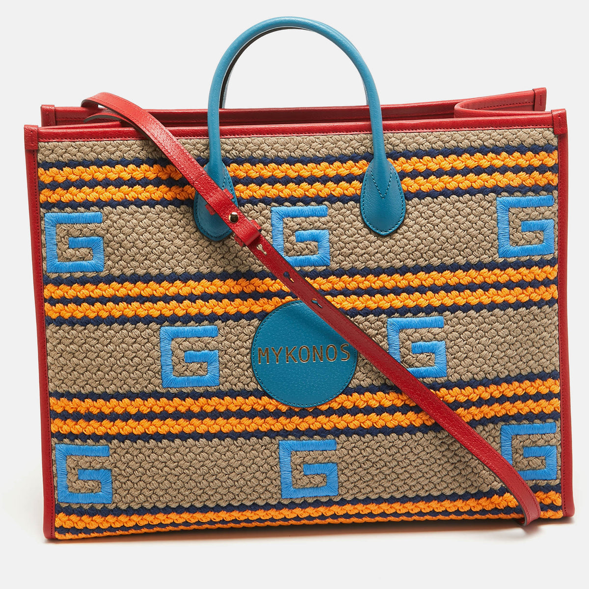 GUCCI Multicolor Woven Fabric and Leather Square G Mykonos Tote