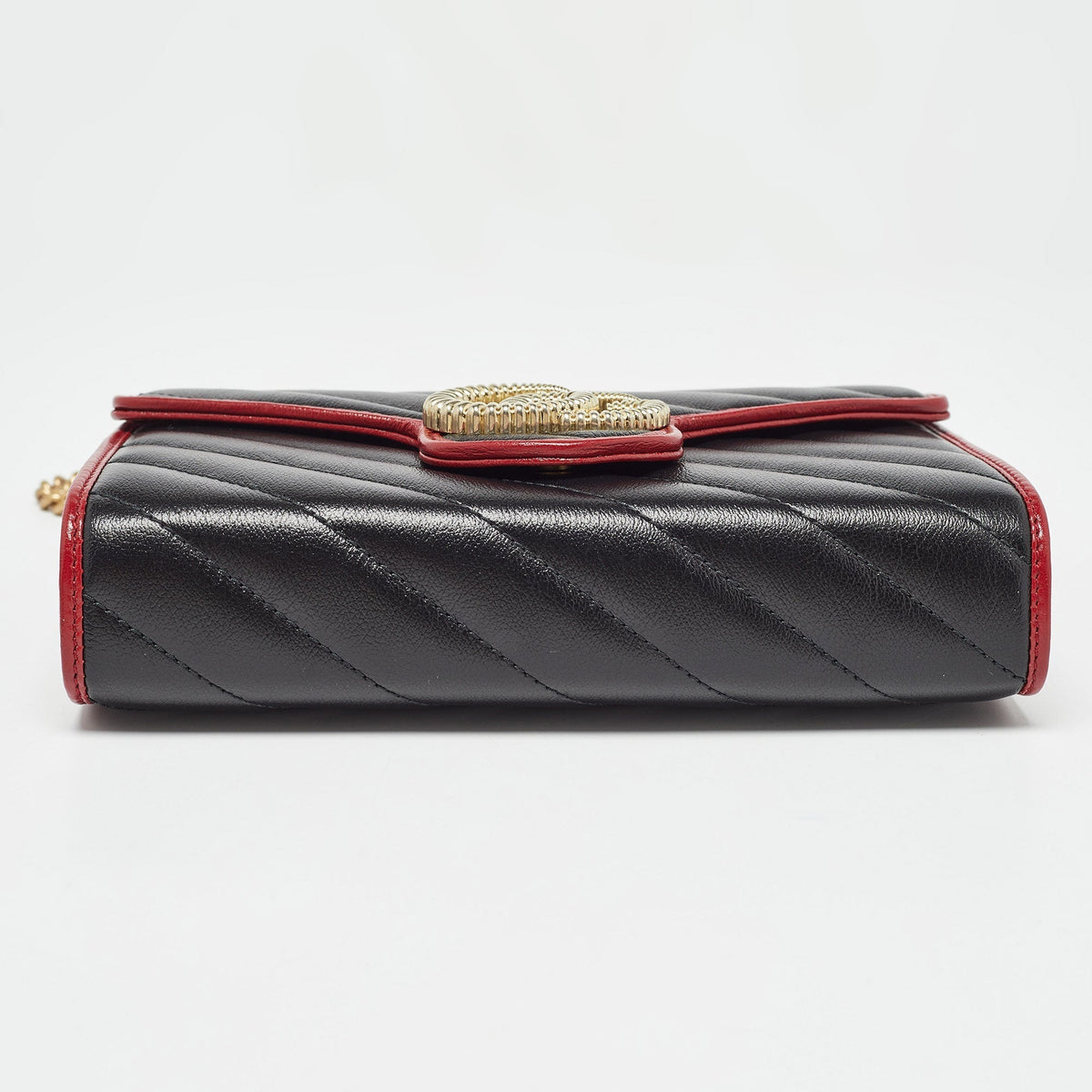 GUCCI Black/Red Diagonal Quilt Leather GG Marmont Torchon Wallet on Chain