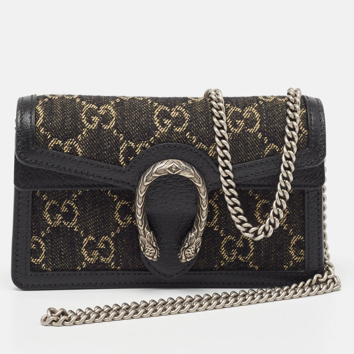 GUCCI Black/Beige GG Denim and Suede Super Mini Dionysus Shoulder Bag