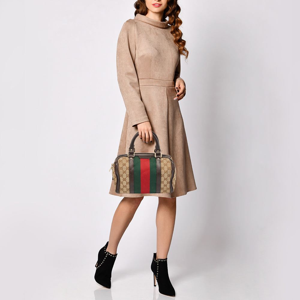 GUCCI Brown/Beige GG Canvas and Leather Small Web Joy Boston Bag