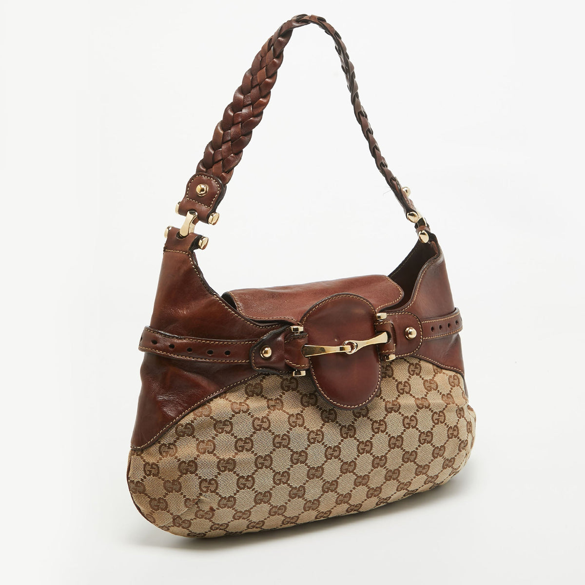 GUCCI Brown/Beige GG Canvas and Leather Horsebit Flap Hobo