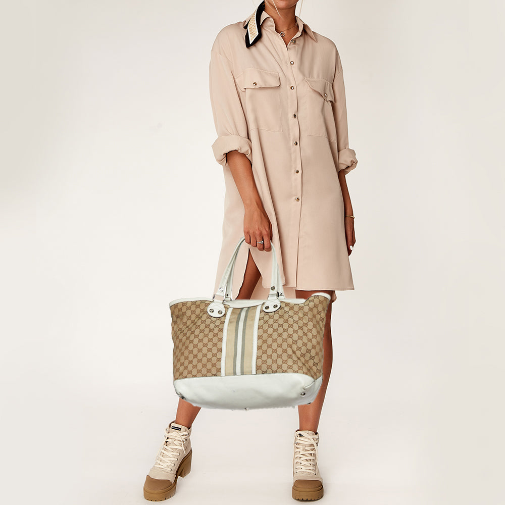 GUCCI Beige/Off White GG Canvas and Leather Web Sunset Shopper Tote
