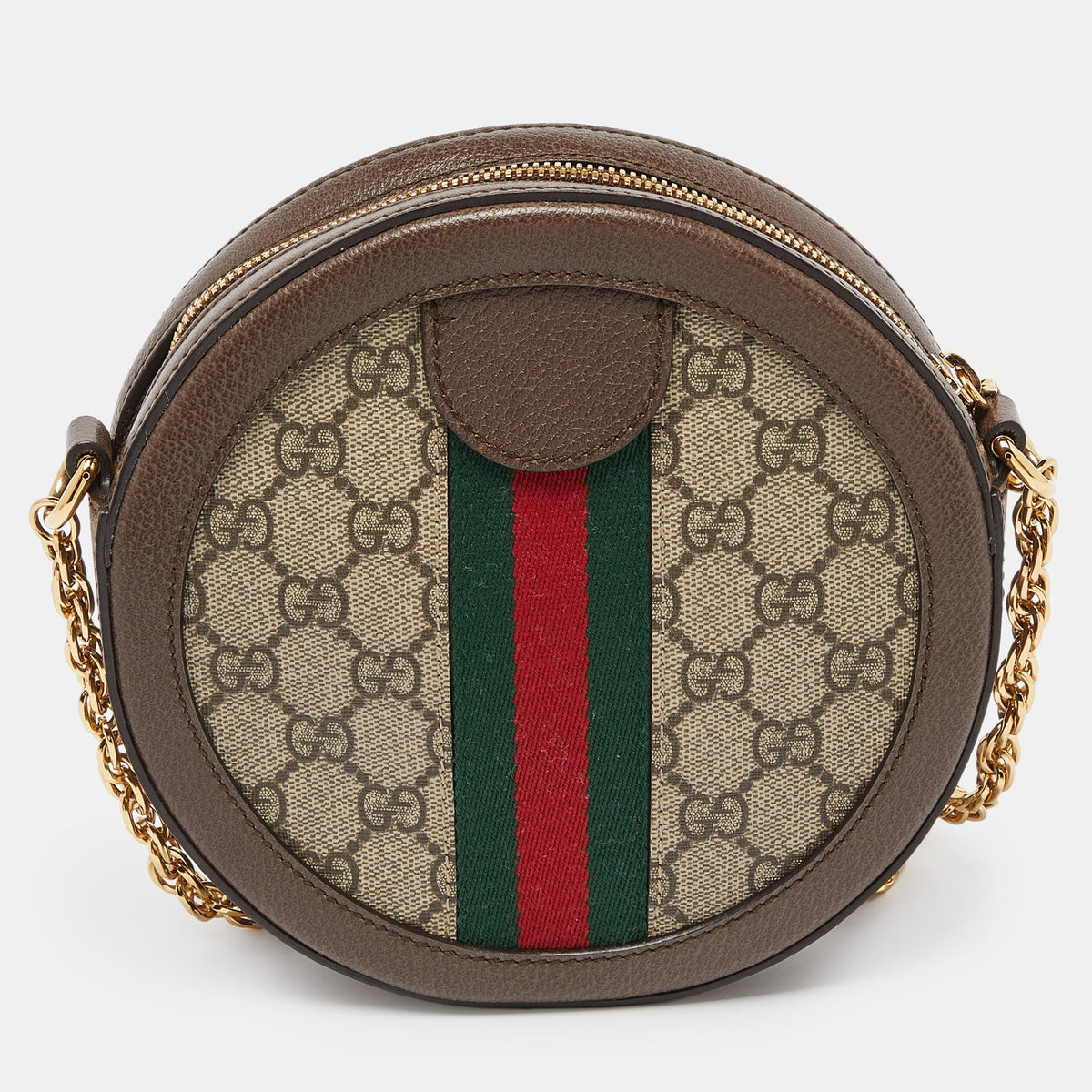 GUCCI Brown GG Supreme Canvas and Leather Mini Ophidia Round Bag