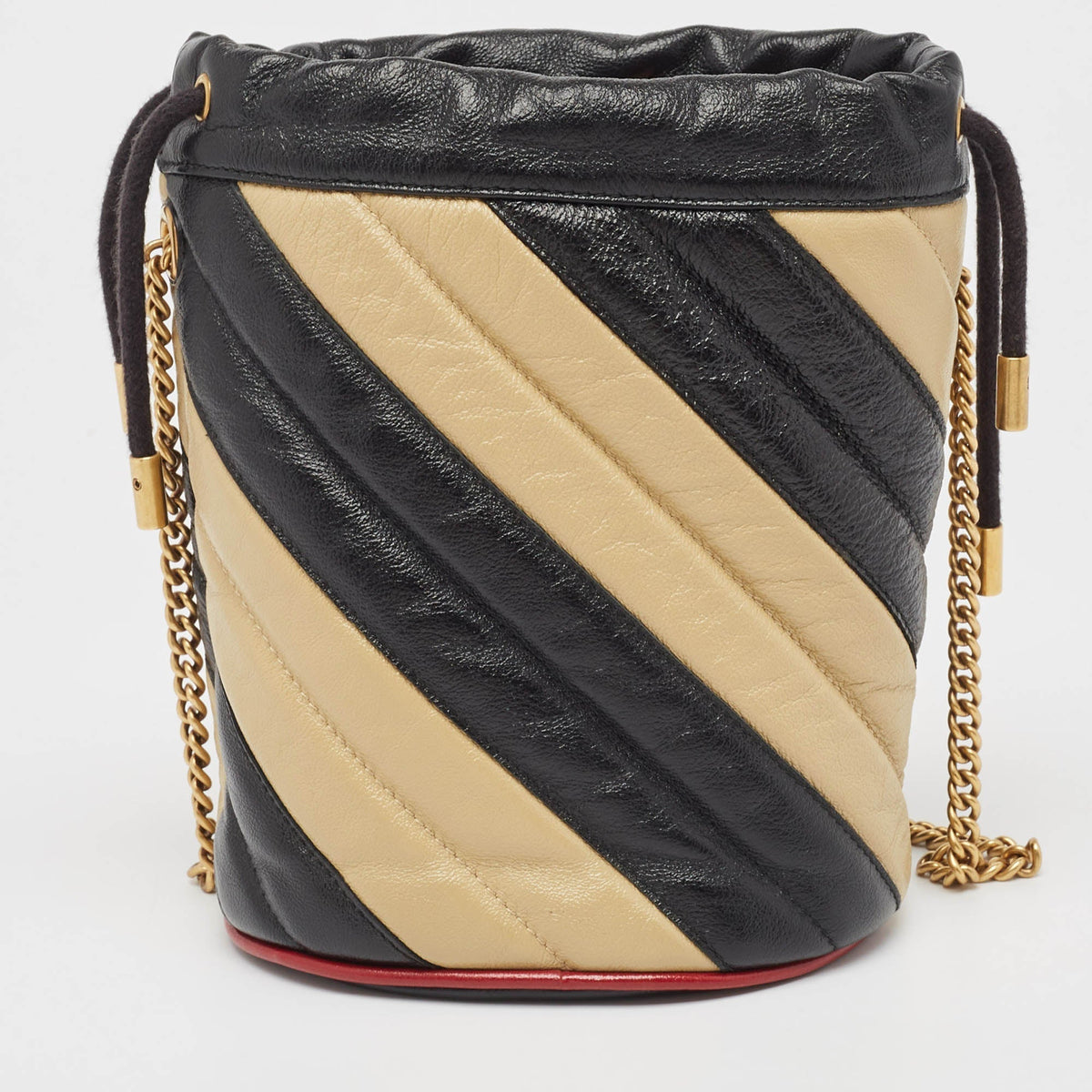 GUCCI Black/Beige Diagonal Leather Mini GG Marmont Torchon Bucket Bag