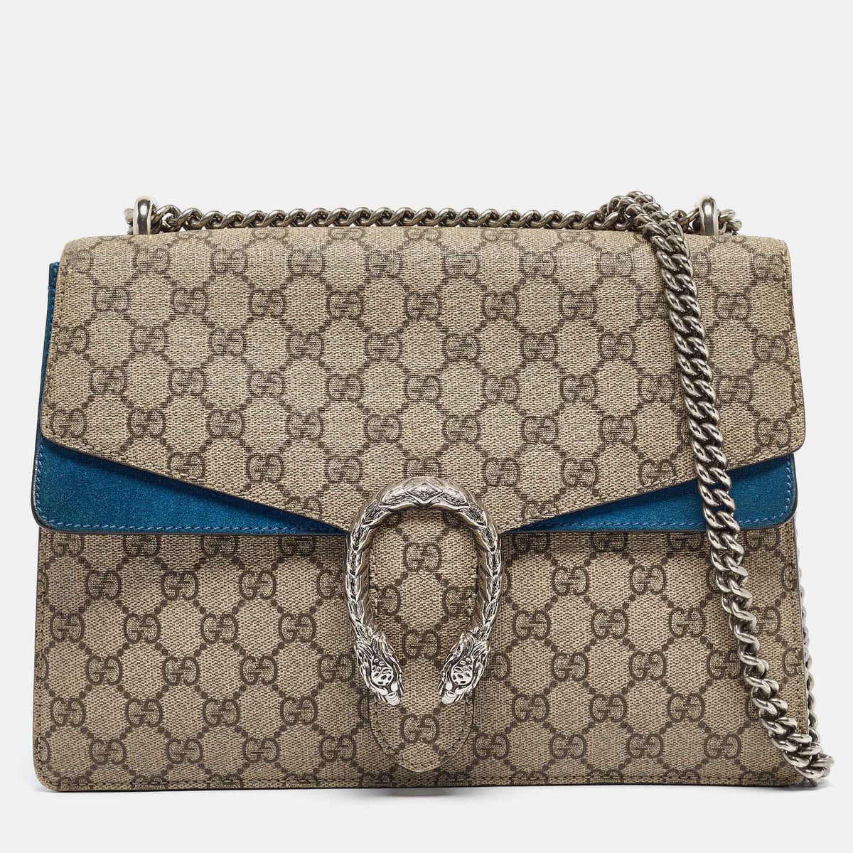 GUCCI Beige/Blue GG Supreme Canvas and Suede Medium Dionysus Shoulder Bag