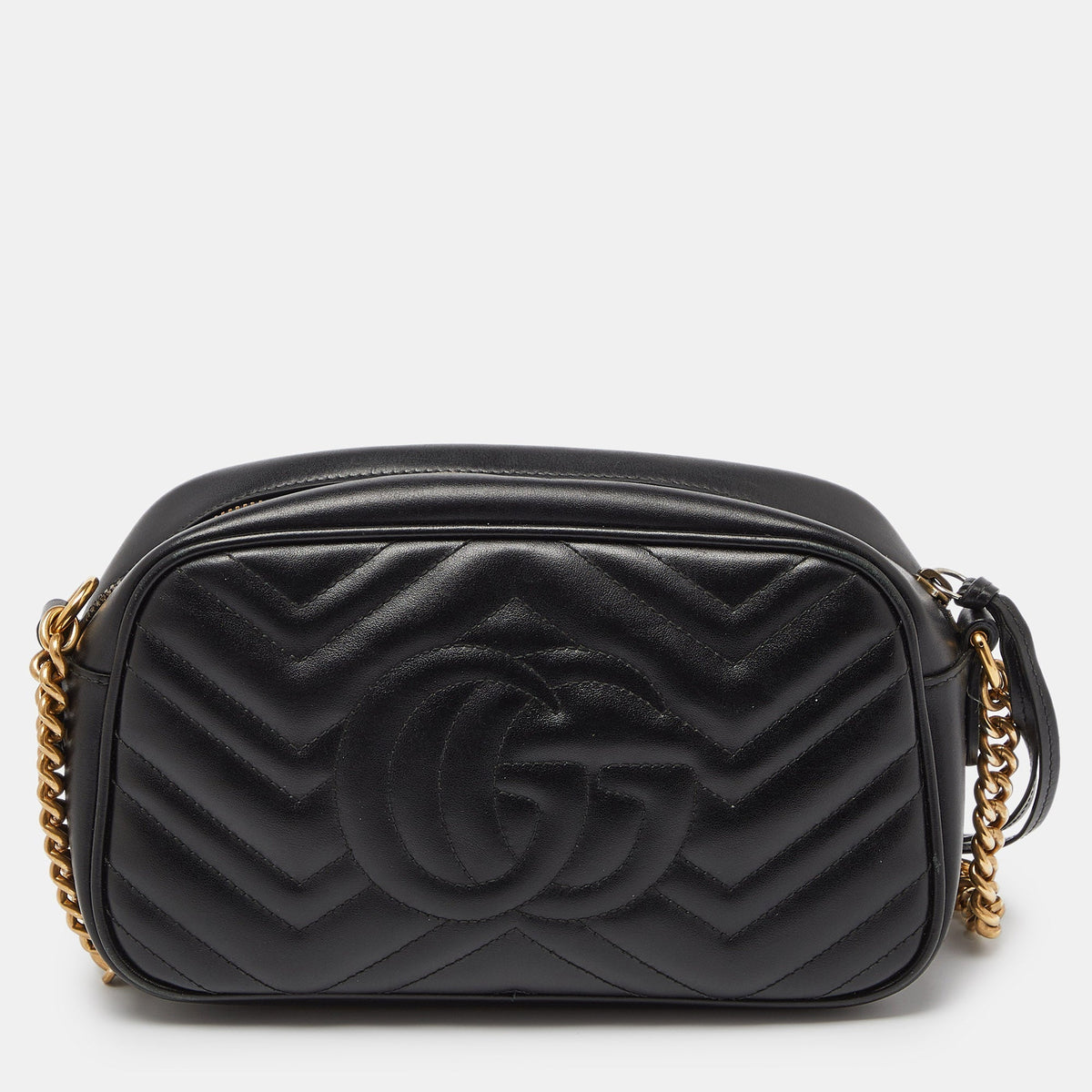 GUCCI Black Matelasse Leather Small GG Marmont Shoulder Bag