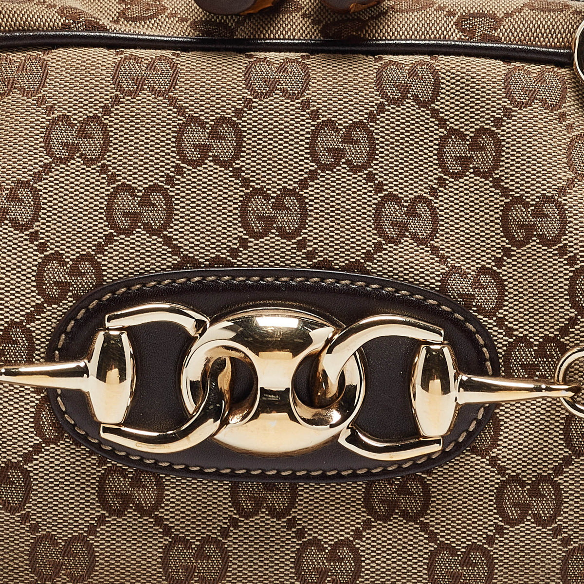 GUCCI Brown/Beige GG Canvas and Leather Horsebit Wave Boston Bag
