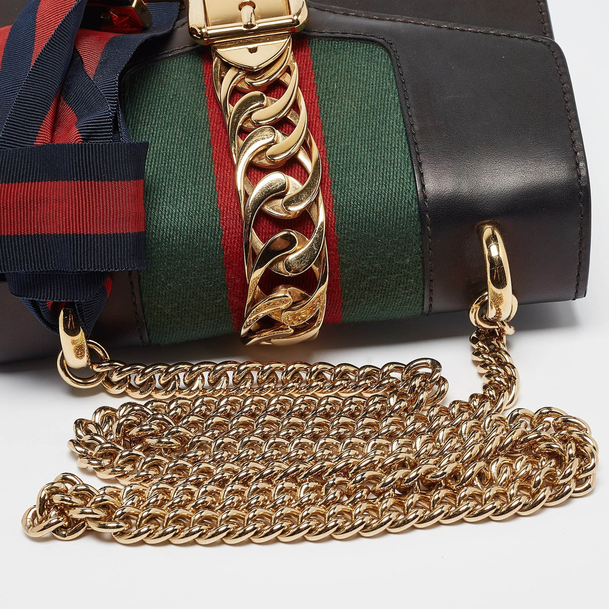 GUCCI Black Leather Mini Web Chain Sylvie Crossbody Bag