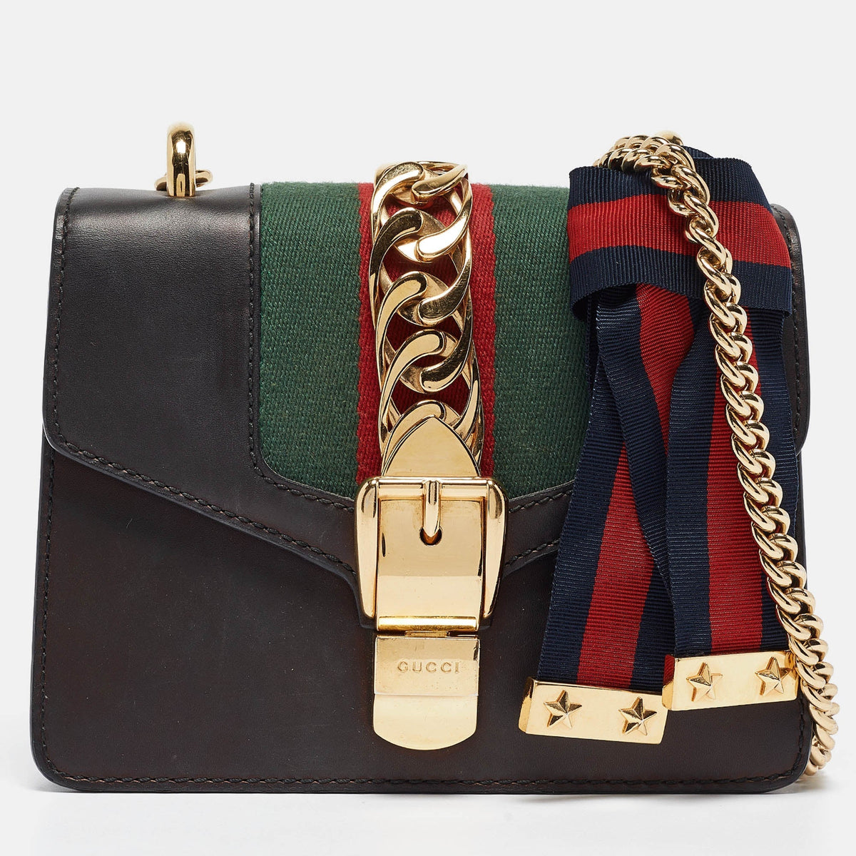 GUCCI Black Leather Mini Web Chain Sylvie Crossbody Bag