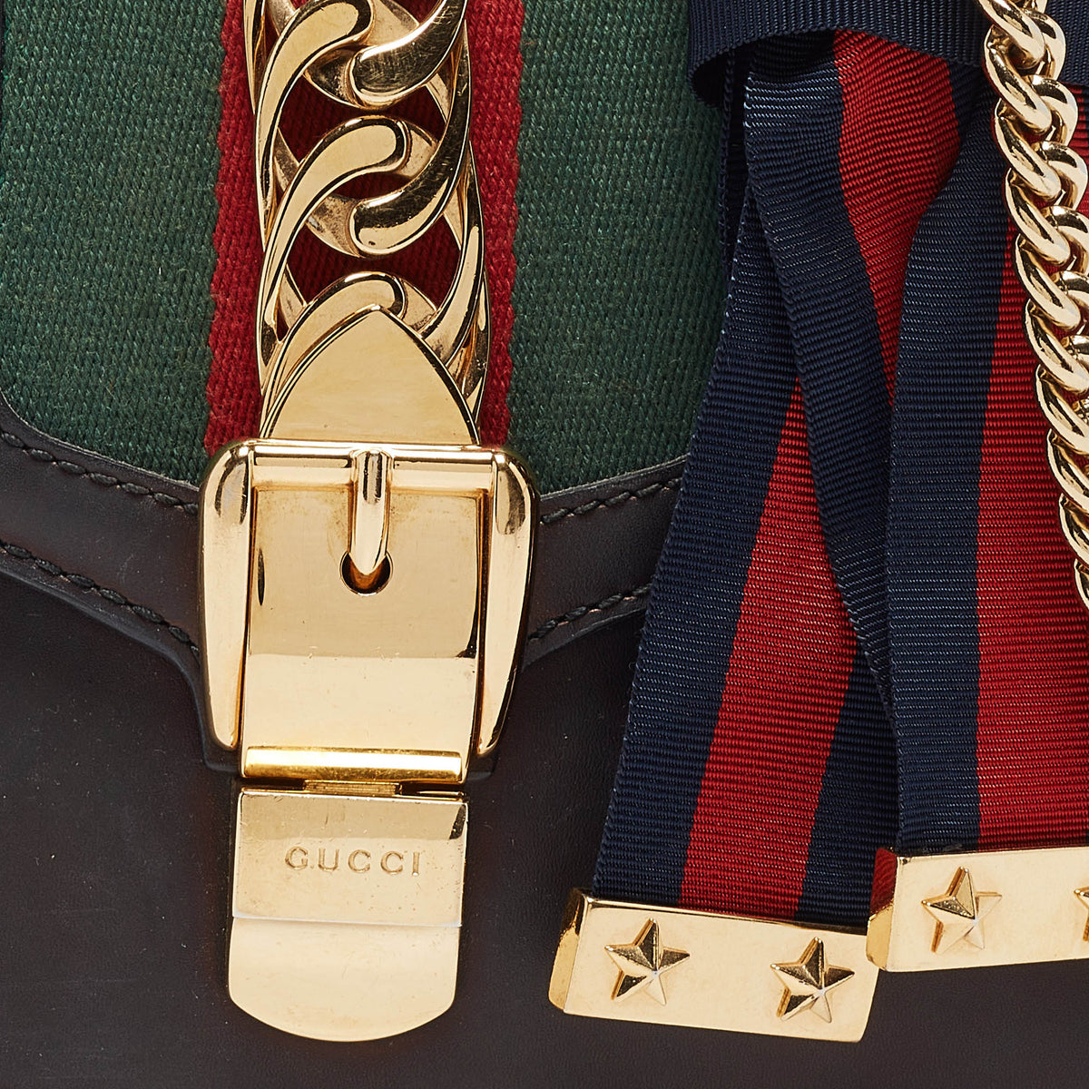 GUCCI Black Leather Mini Web Chain Sylvie Crossbody Bag