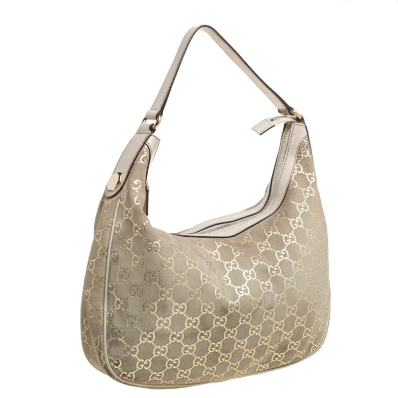 Gucci Beige GG Suede and Leather Charmy Hobo