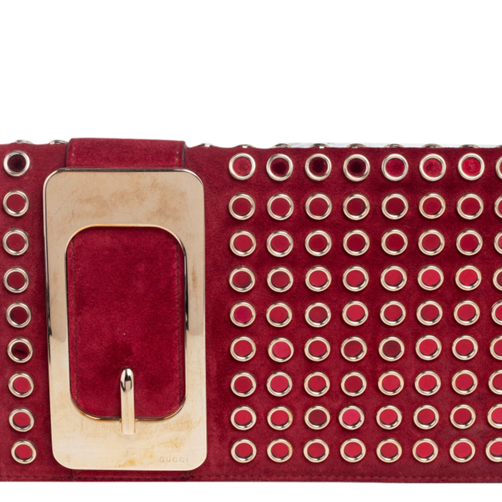 Gucci Red Suede Grommet Buckle Flap Clutch