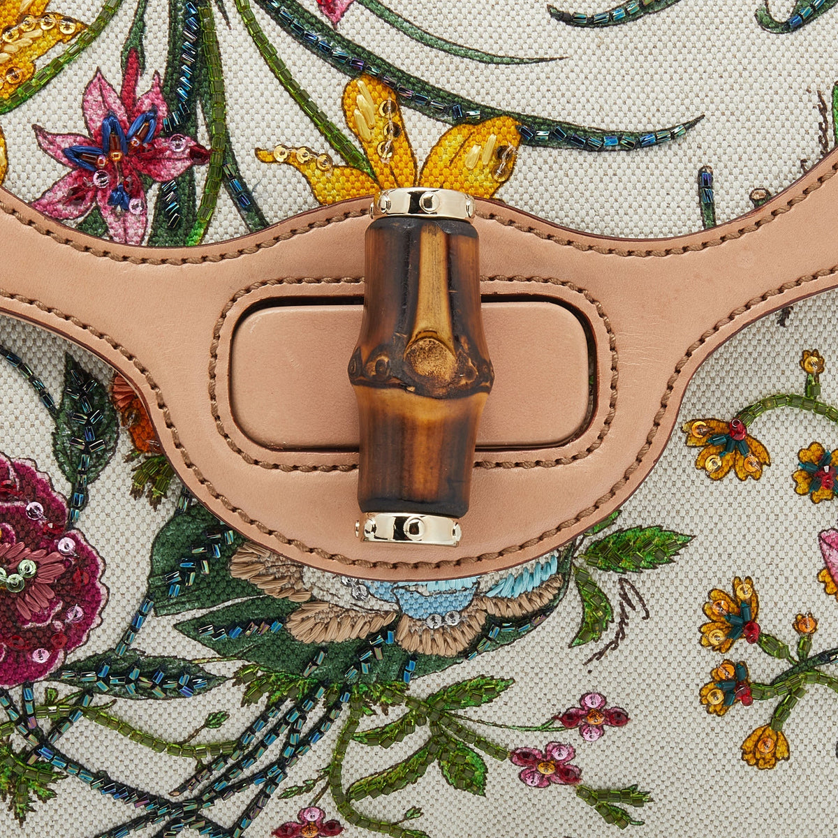 Gucci Multicolor Flora Print Canvas Beaded Bamboo Shoulder Bag