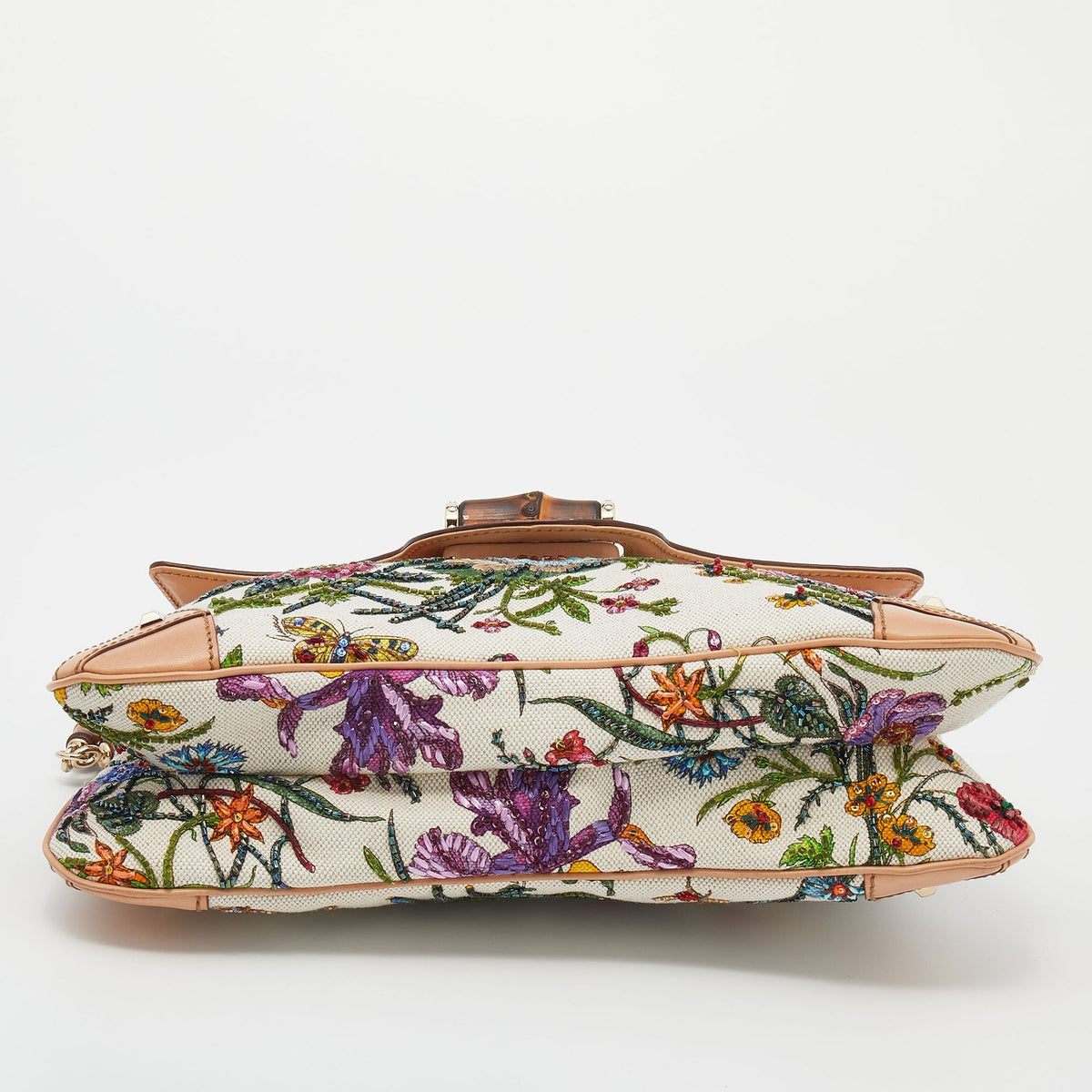Gucci Multicolor Flora Print Canvas Beaded Bamboo Shoulder Bag