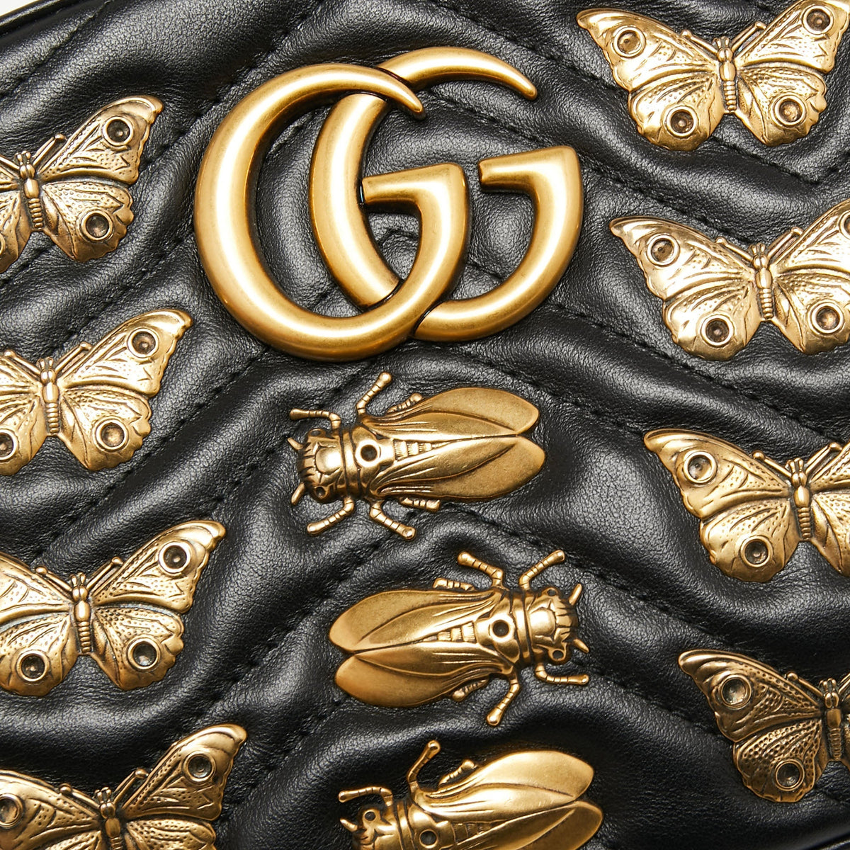 Gucci Black Leather Animal Stud GG Marmont Belt Bag