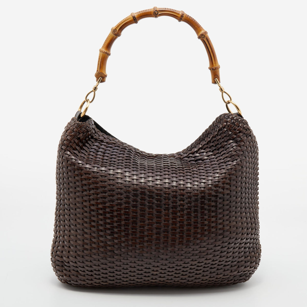 Gucci Dark Brown Woven Leather Bamboo Handle Tote