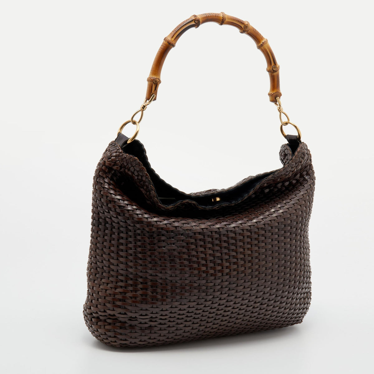 Gucci Dark Brown Woven Leather Bamboo Handle Tote
