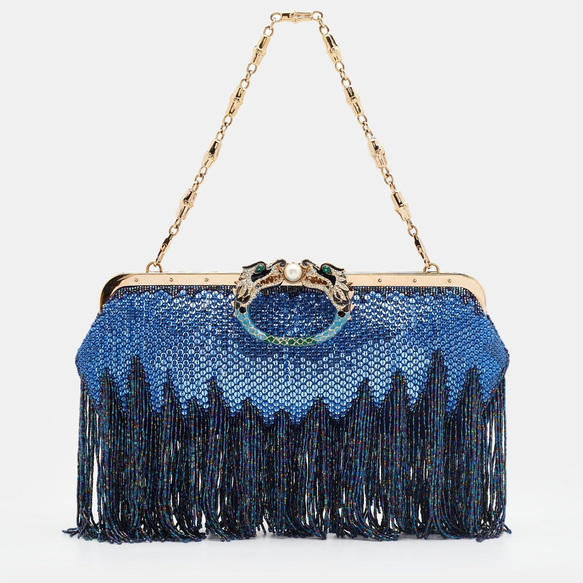 Gucci Blue/Purple Crystal and Satin Fringe Dragon Embellished Evening Bag