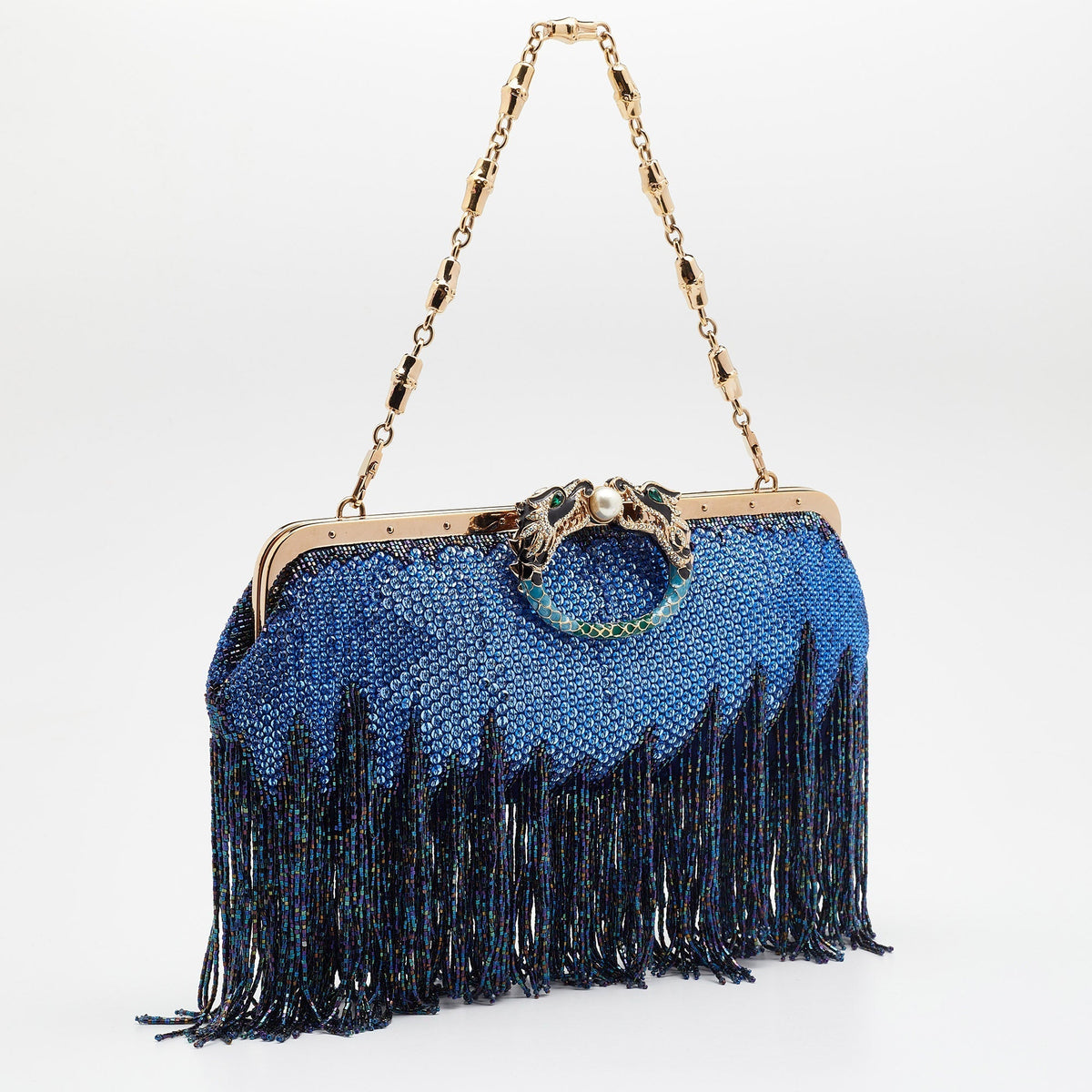 Gucci Blue/Purple Crystal and Satin Fringe Dragon Embellished Evening Bag