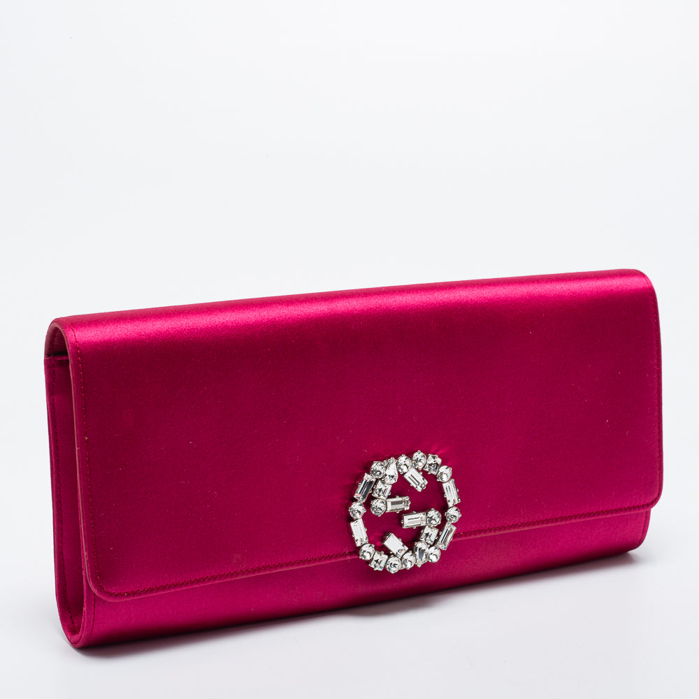 Gucci Pink Satin Crystal Interlocking G Broadway Clutch