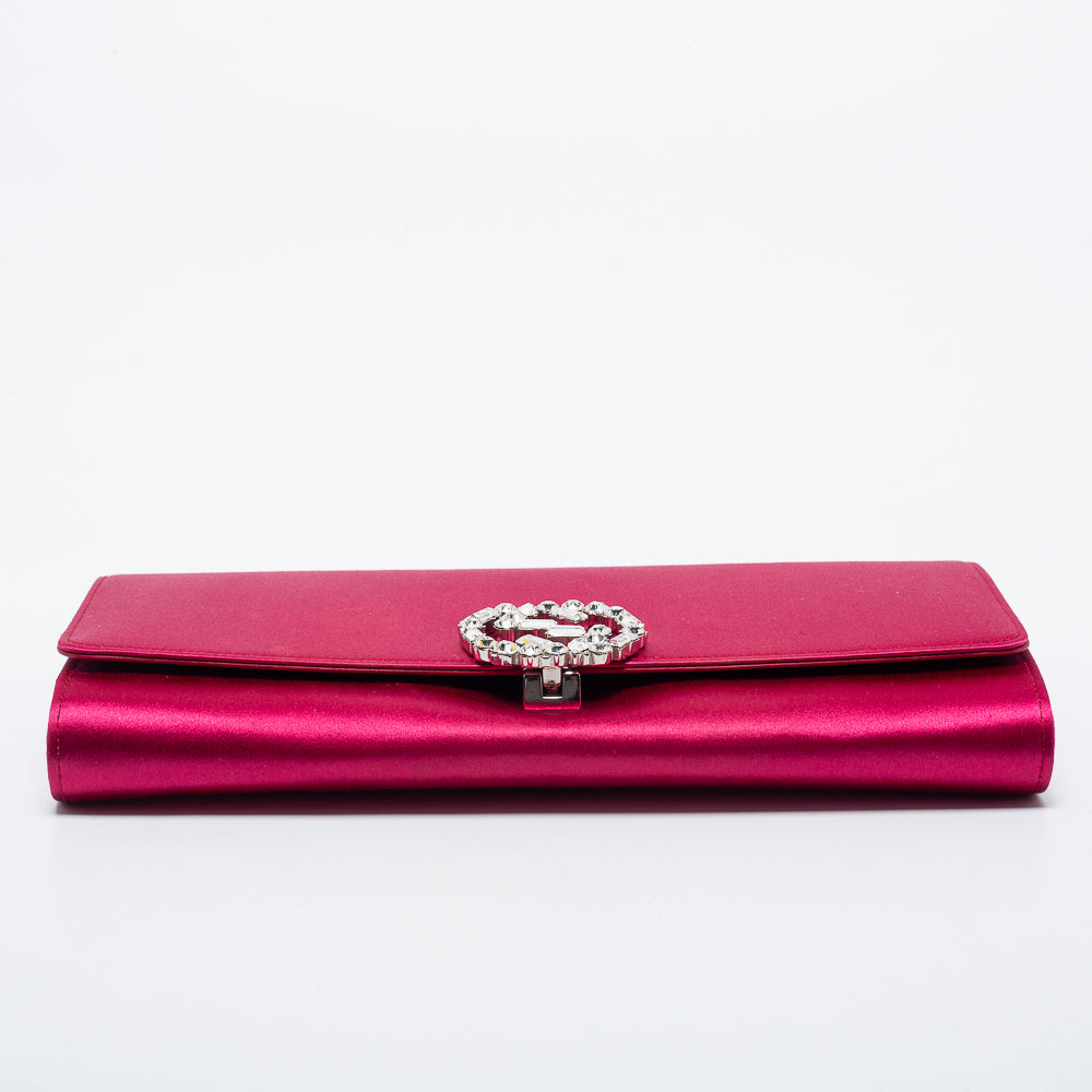 Gucci Pink Satin Crystal Interlocking G Broadway Clutch
