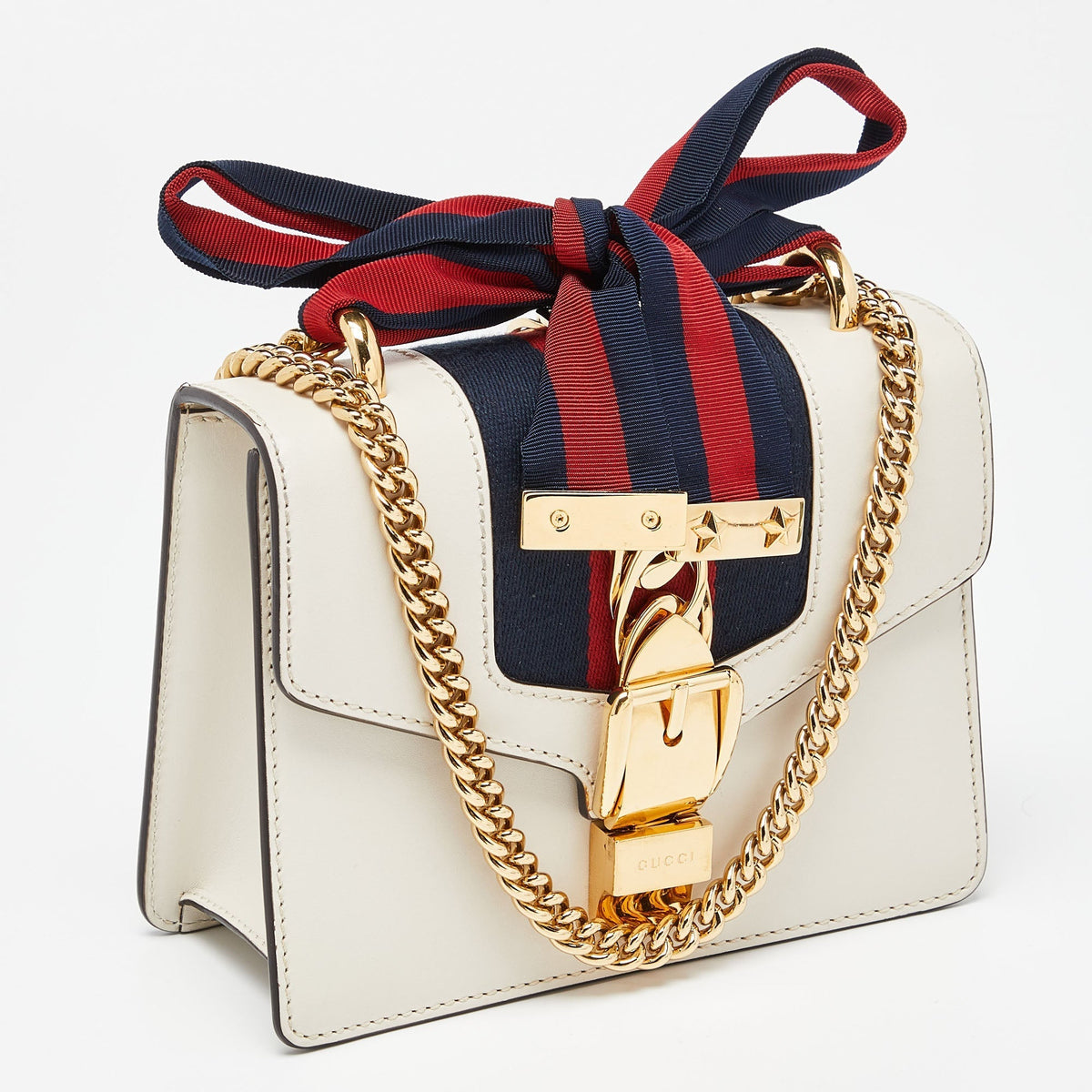 GUCCI Off White Leather Mini Web Chain Sylvie Crossbody Bag