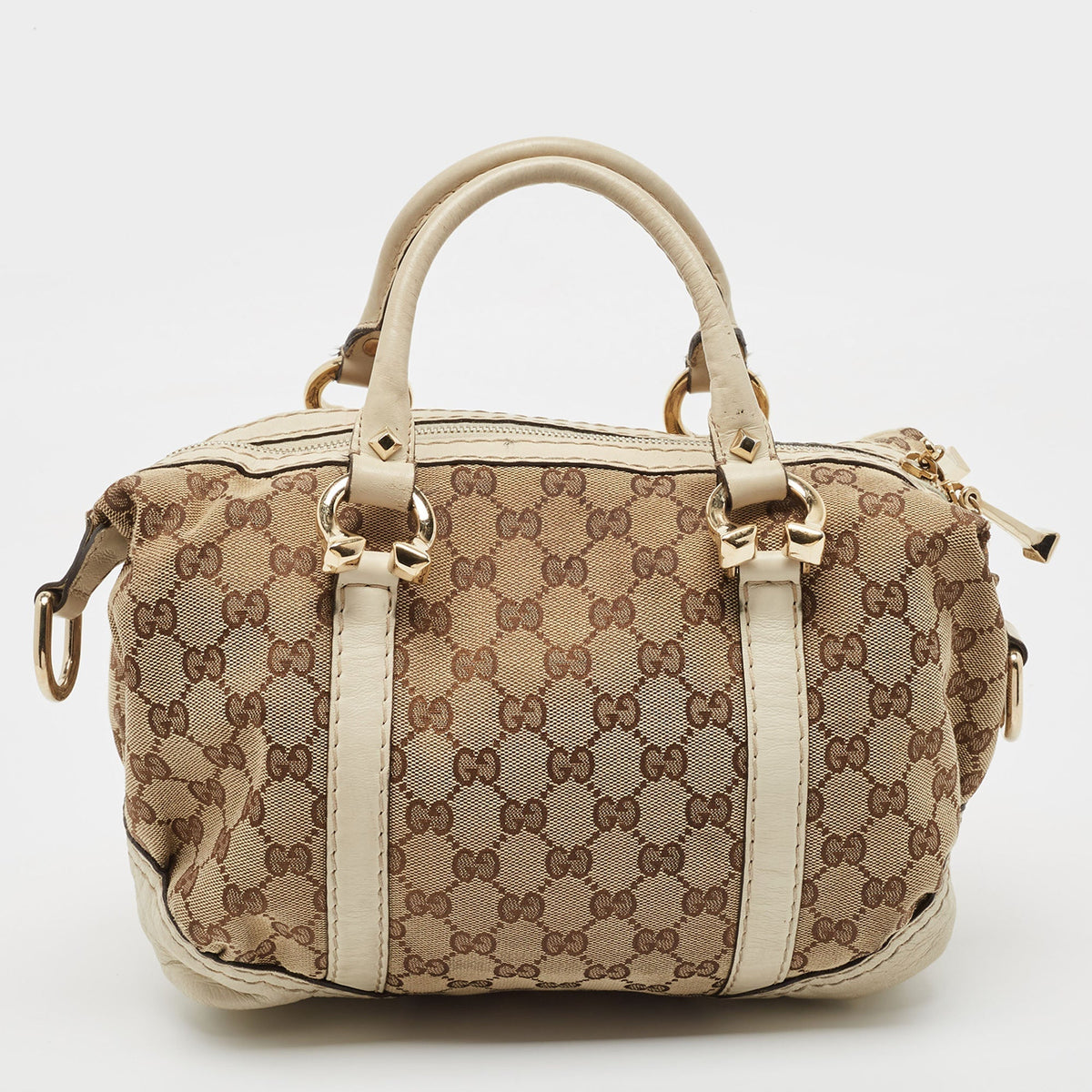 GUCCI Beige/Off White GG Canvas and Leather Equestrian Horseshoe Satchel