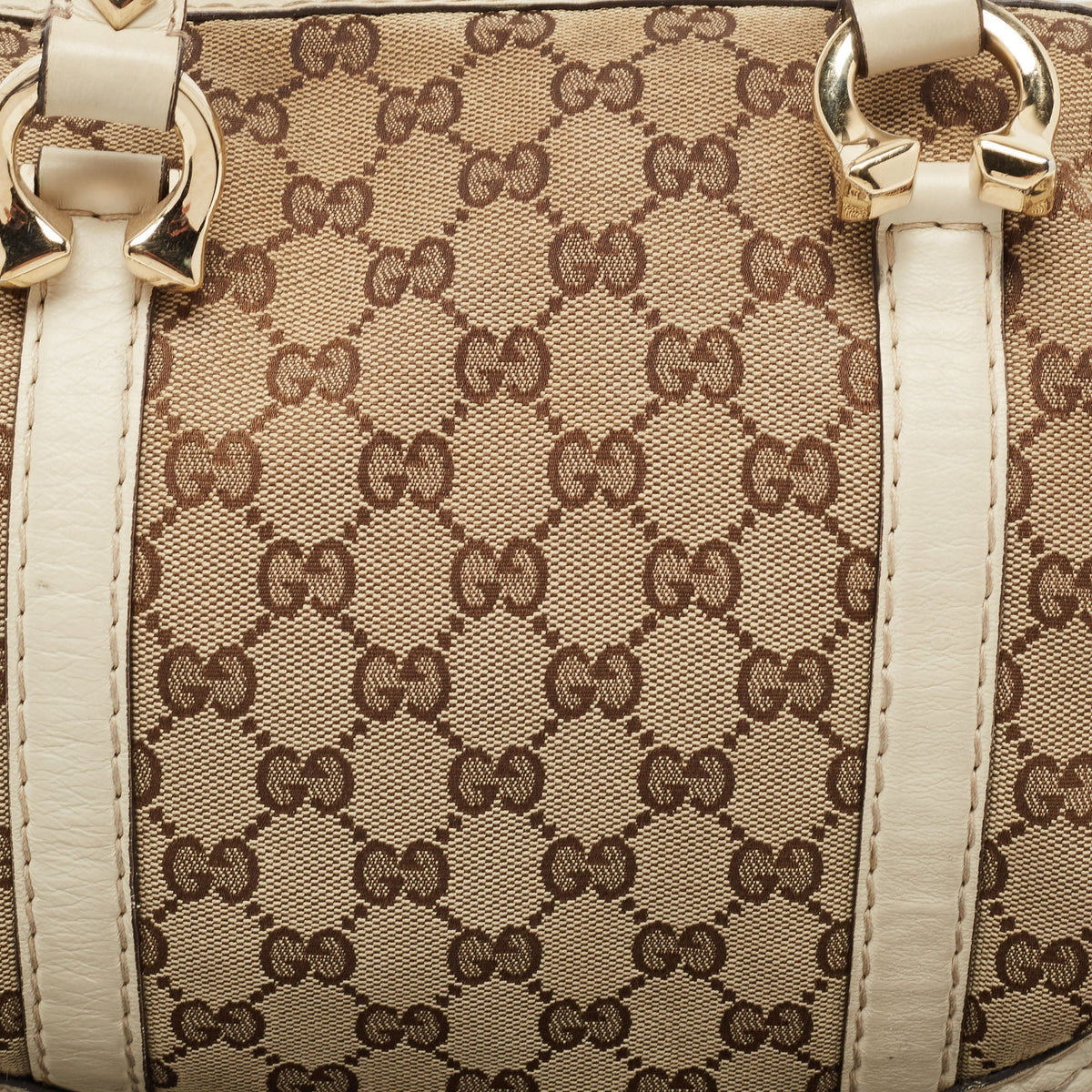 GUCCI Beige/Off White GG Canvas and Leather Equestrian Horseshoe Satchel