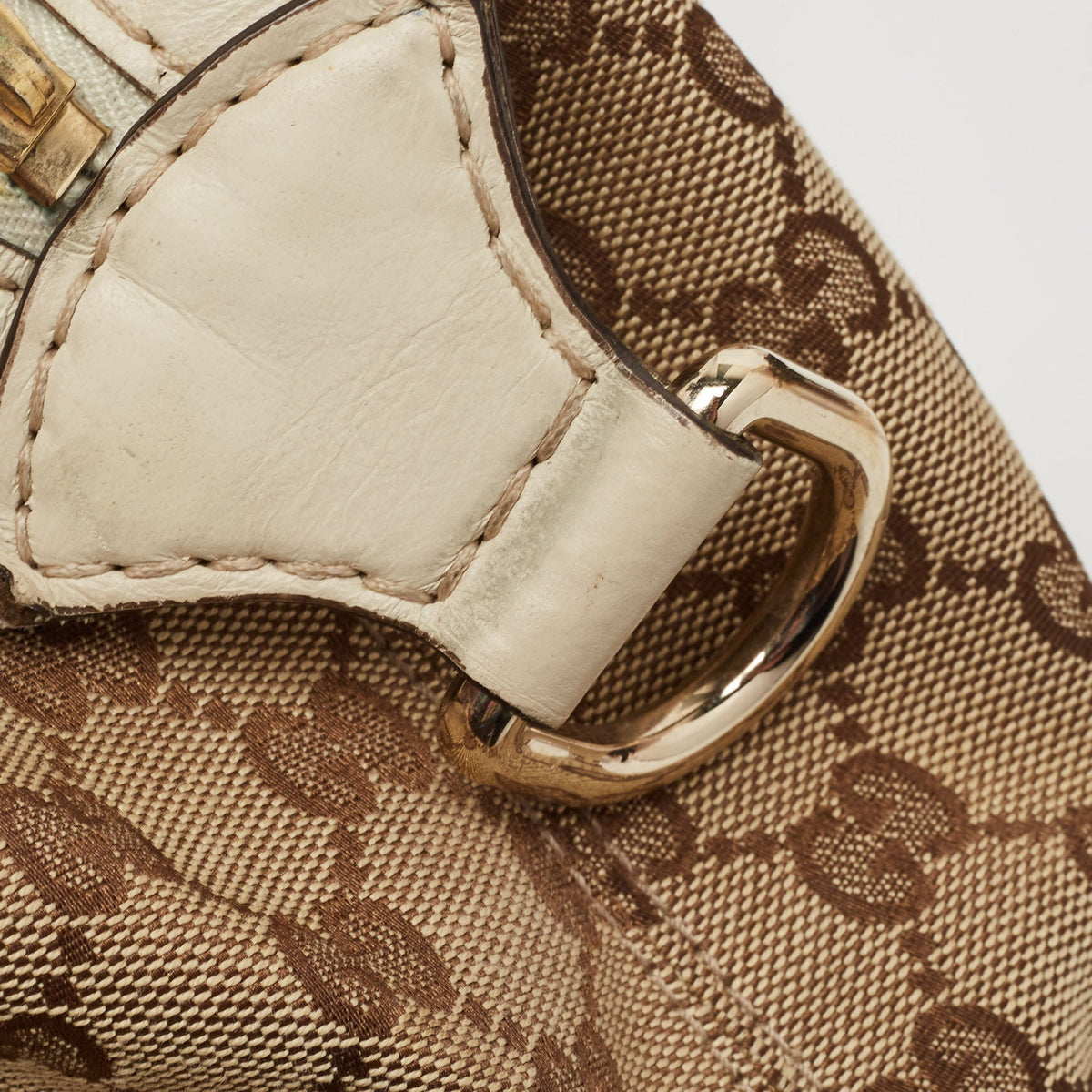 GUCCI Beige/Off White GG Canvas and Leather Equestrian Horseshoe Satchel